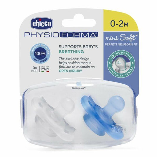 Chicco Chupeta Silicone Physio Forma Mini Soft 0-2m 2 Unidades Azul/Neutro