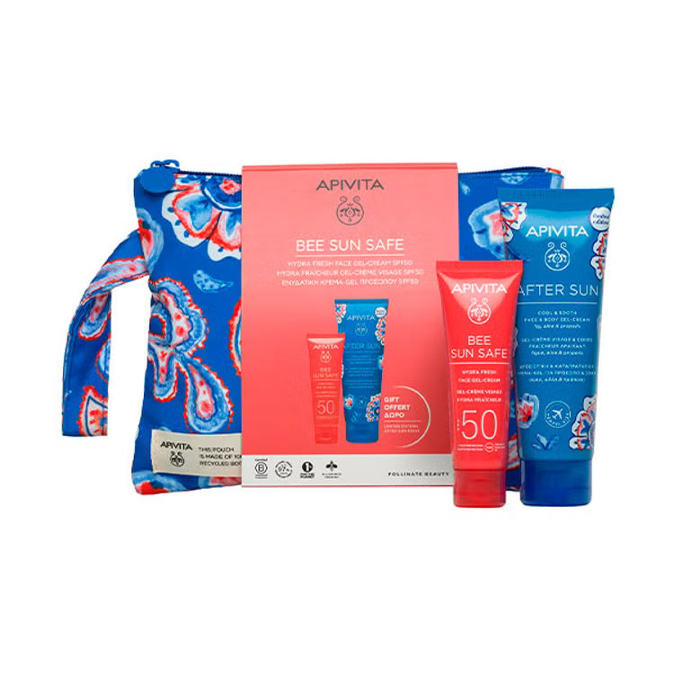 Apivita Bee Sun Safe Gel-creme de rosto hidra refrescante SPF50 50ml, Oferta Gel-creme rosto e corpo refrescante e apaziguante 100ml + Bolsa