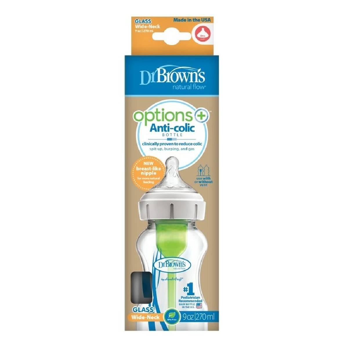 Dr. Brown's Options+ Biberão Anticólicas de Vidro Boca Larga (Tetina silicone Nível 1)